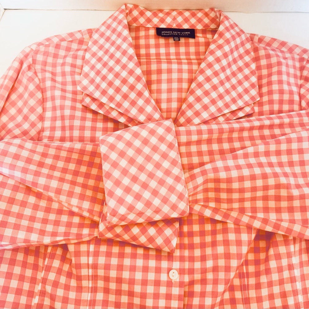 Jones New York Collection Pink Gingham Silk Blouse Long Sleeve Cuffs Size 14W - Picture 7 of 16